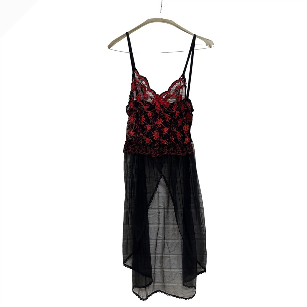 Vintage Nan Flower Red Black Lace Babydoll Chemise Lingerie Made in USA Medium